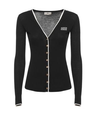 Elisabetta Franchi Fitted Ribbed Wool Sweater With Button Accents - Black