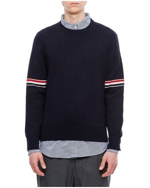 Thom Browne Milano Stitch Crewneck Pullover With Distinctive Striped Accents - Blue