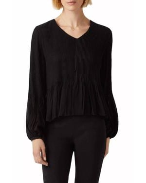 ecru V-Neck Long Sleeve Ruched Chiffon Top - Black