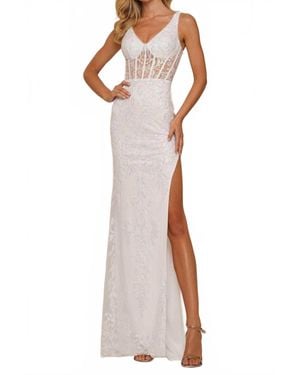 Colors Dress V-Neck Corset Bodice Prom Gown - White