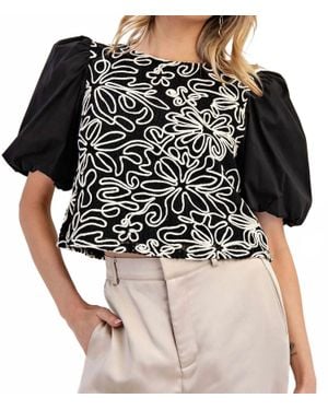 Eesome Embroidered Puff Sleeves Top - Black