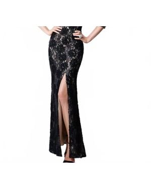 Mgny Sequined Tulle Dress With Sheer 3/4 Sleeves - Black