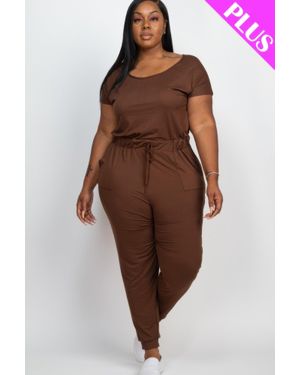 TRUEDAMES Plus Size Solid Drawstring Short Sleeve Jumpsuit - Brown