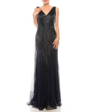 Aidan Mattox V-Neck Sleeveless Beaded Evening Gown - Black