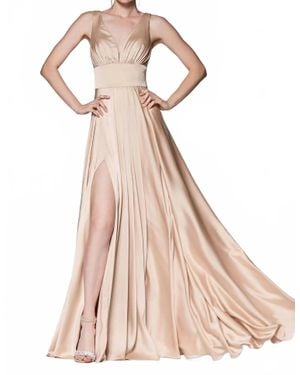 Cinderella Divine Satin V-Neck Dress With Slit - Pink