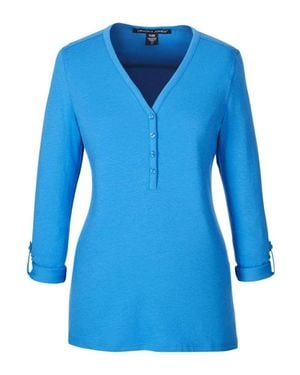 Devon & Jones Perfect Fit Y-Placket Convertible Sleeve Knit Top - Blue