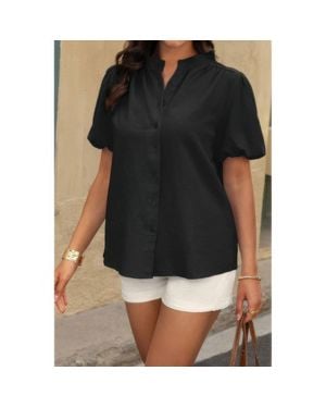 TRUEDAMES Button Down Lantern Puff Short Sleeve V Neck Top - Black