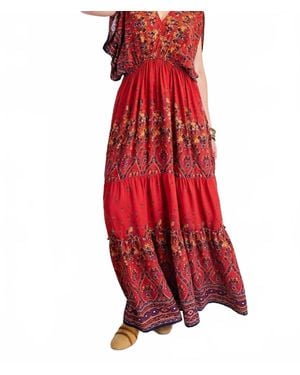Easel Border Printed Challis Maxi Dress - Red