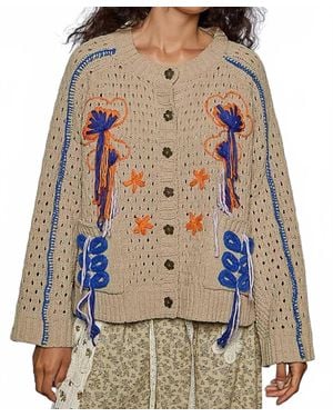 Pol Long Sleeve Floral Frayed Edge Cardigan Top - Brown