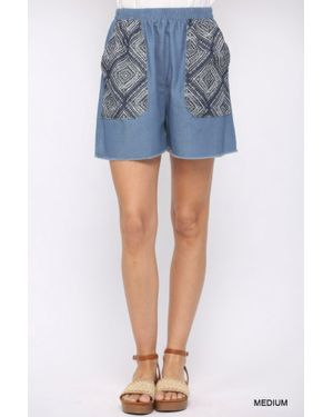 TRUEDAMES Fashnzfab Denim And Print Pockets Elastic Waist Shorts With Raw Hem - Blue