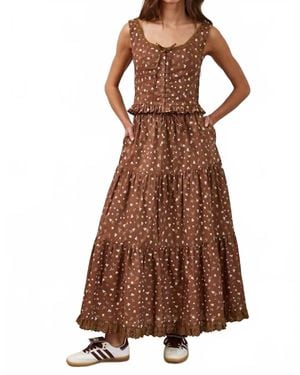 Creamon Floral Lace Trim Front Tie Top & Skirt Set - Brown