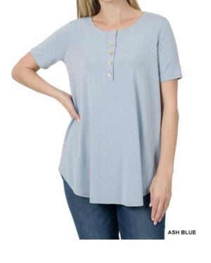 Zenana Short Sleeve Dolphin Hem Shell Button Up Top - Blue