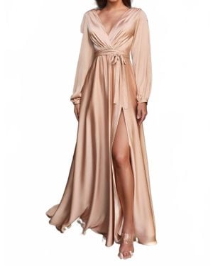 Cinderella Divine Long Sleeve Wrap Satin Gown - Pink