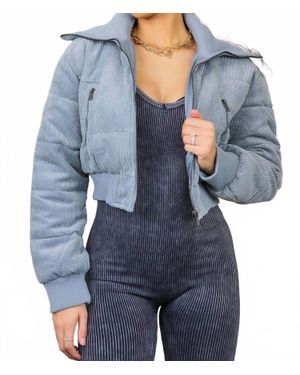 SurelyMine Keep Up With Me Crop Corduroy Full Zipper Puffer Jacket - Blue