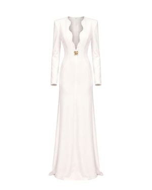 Saiid Kobeisy Floor-Length Fitted Dress With Sculpted Scalloped Plunge Neckline - White