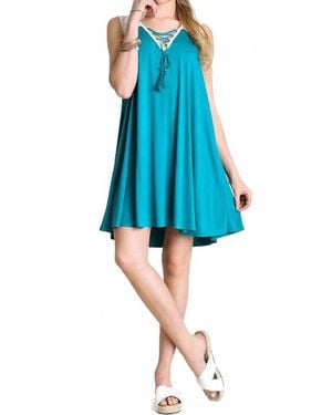 Umgee Lace Up Tassel Tie Dress - Blue