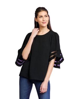 Umgee Mesh Burnout Bell Sleeve Top - Black