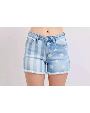 Judy Blue Mid Rise Stars & Stripes Bleach Denim Short - Blue