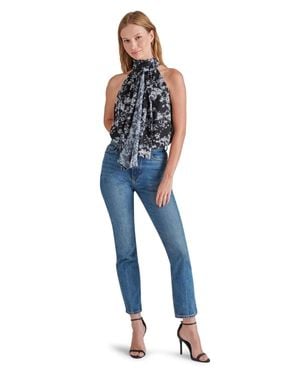 Steve Madden Zandra Top Floral Tie Neck Blouse Pall377 - Blue