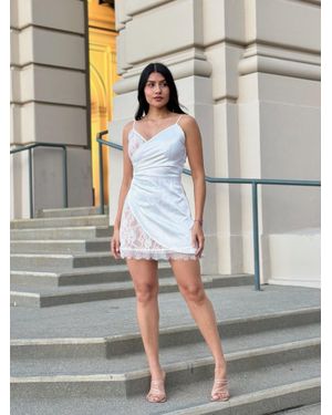 TRUEDAMES Sexy Party Satin Wrap Like & Lace Nude Mini Dress - Gray