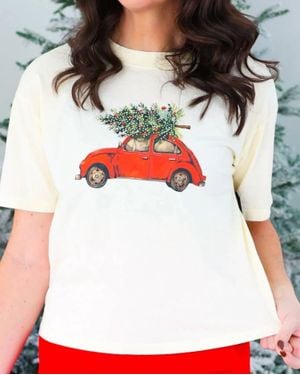 All Us Holiday Car With Tree Tee - White