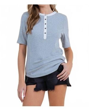 Doe And Rae Striped Contrast Hem Henley Top - Blue