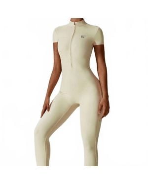 Rockstar Peach Scuba Short Sleeve Zip Jumpsuit - Natural