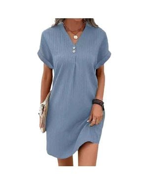 TRUEDAMES Solid Color Pullover Comfortable Casual Button Dress V-Neck Batwing Sleeve Dress - Blue