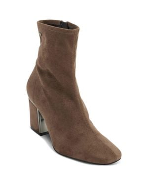 DKNY Cavale Boots Mushroom Suede Square Toe Block Heel Booties Lion412 - Brown
