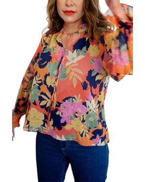 Fate Long Sleeve Tie Neck Floral Print Top - Red