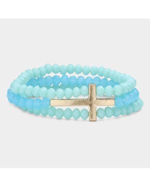 Fashnzfab Metal Cross Accented Faceted Beaded Stretch Bracelet - Blue