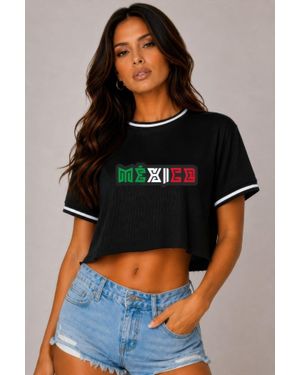 TRUEDAMES Micro Mesh Mexico Print Crop Top - Black