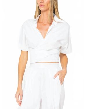 JBQ Halle Short Sleeve Collared V Top - White