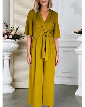 TRUEDAMES V-Neck Tie-Front Short Sleeve Jumpsuit - Yellow