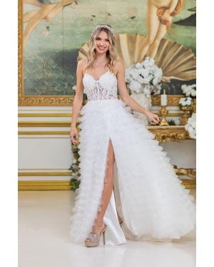 DQ Traditional Ball Gown Quinceanera Dress With Layered Ruffles, Embroidered Floral Accents, And Strapless Bodice - White