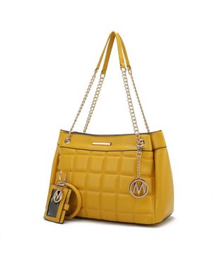 MKF Mabel Quilted Vegan Leather Shoulder Bag With Bracelet Keychain With A Credit Card Holder- 2 Pieces - Yellow