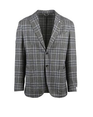 L.B.M. 1911 Rounded Wool-Cotton-Polyamide Blend Jacket With Plaid Design - Gray