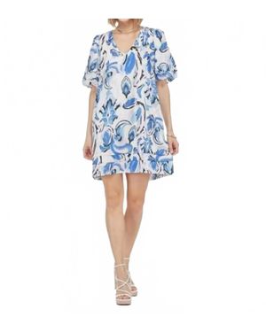 J joy Pleated Puff Sleeve Dress - Blue