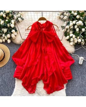 TRUEDAMES Bow Detail Floral Print Blouse Unique Loose-Fit Tunic, Slimming Statement Top - Red