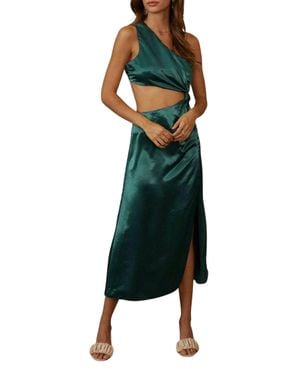 Endless Blu. One-Shoulder Satin Cutout Midi Dress - Green