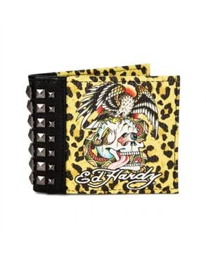 Ed Hardy Leopard Print Skull With Studs Bifold Wallet - Metallic