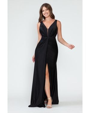 TRUEDAMES Bridesmaid Dress V-Neck Ruched Carpet Gown - Black