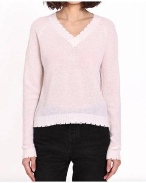 Minnie Rose Frayed Edge Cropped V-Neck Sweater - White