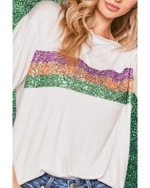 TRUEDAMES Sequin Stripes Patchwork Mardi Gras Crew Neck T Shirt - White