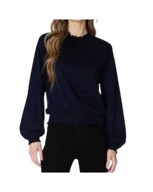 Bobi Smocked Shirred Turtleneck Long Sleeve Tee - Blue