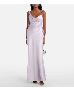 Self-Portrait Floral-Appliqué Satin Maxi Dress - Purple