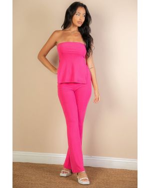 TRUEDAMES Ribbed Side Slit Bandeau Top & Flare Pants Set - Pink