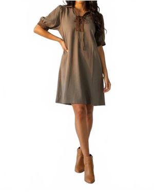 She + Sky Puff Sleeve Contrast Neck Lace Up Brushed Twill Mini Dress - Natural