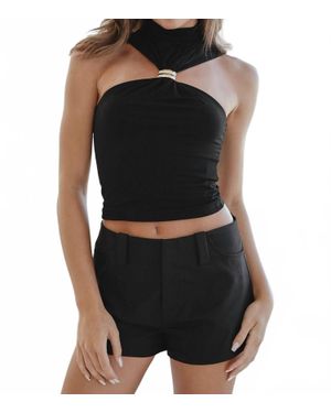 Beige Botany High Neck Ring Top - Black