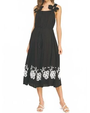 Strut & Bolt Flower Petal Detail Embroidered Linen Dress - Black